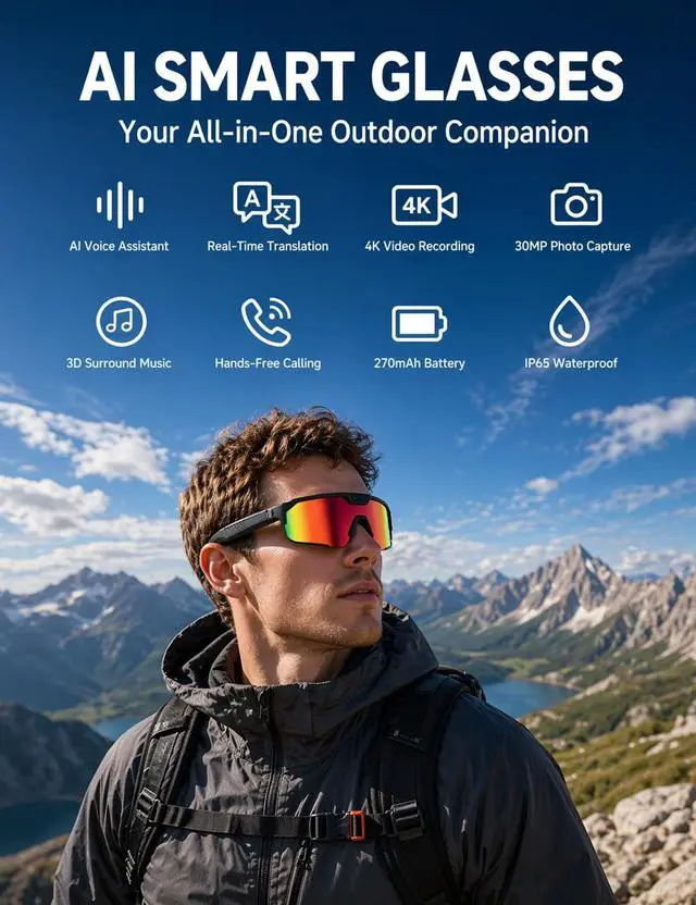 Alt view image 2 of 7 - AI Smart Glasses with 30MP Camera, 4K HD Video Sport Sunglasses | Bluetooth ChatGPT Voice Real-Time Translation, IP66 UV400 Sunglasses for Baseball, Cycling & Hiking Orange