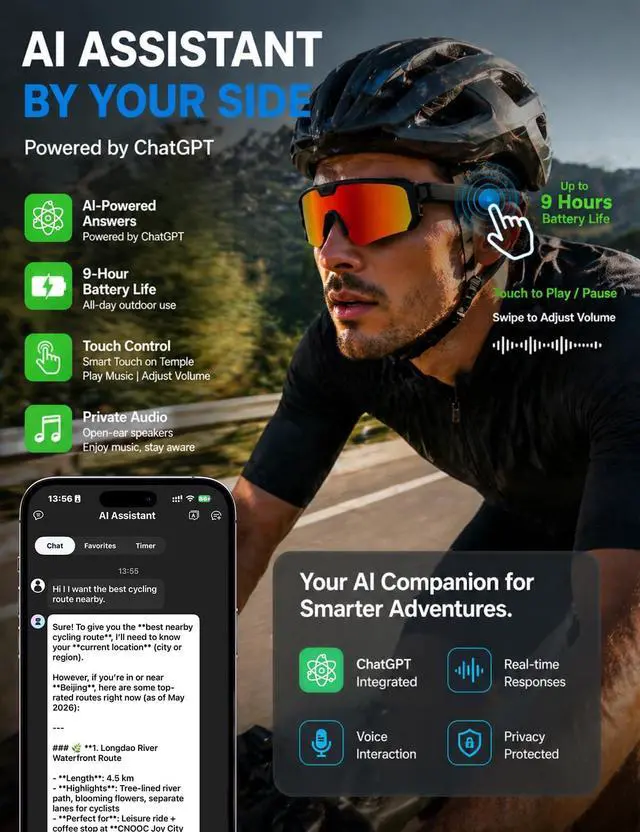 Alt view image 3 of 7 - AI Smart Glasses with 30MP Camera, 4K HD Video Sport Sunglasses | Bluetooth ChatGPT Voice Real-Time Translation, IP66 UV400 Sunglasses for Baseball, Cycling & Hiking Orange