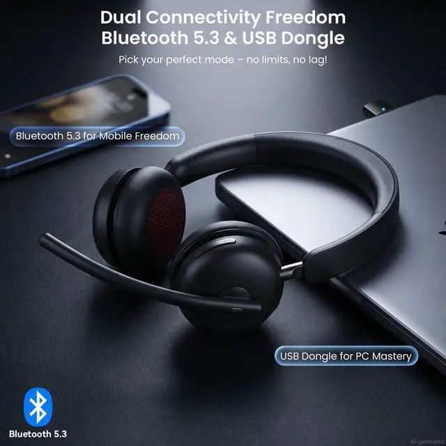 Alt view image 2 of 7 - Wireless Headset with Mic for Work, One-Tap Mute & USB Dongle, Bluetooth 5.3 Headset, AI Noise Cancelling Mic, Wireless Headphones with Mic & 65H, Wireless Headset for PC/Teams/Computer/Laptop/Study