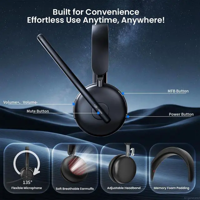 Alt view image 6 of 7 - Wireless Headset with Mic for Work, One-Tap Mute & USB Dongle, Bluetooth 5.3 Headset, AI Noise Cancelling Mic, Wireless Headphones with Mic & 65H, Wireless Headset for PC/Teams/Computer/Laptop/Study