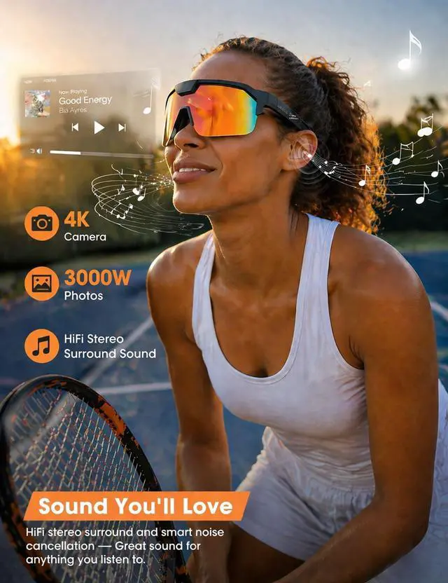 Alt view image 6 of 7 - AI Smart Glasses with 30MP Camera, 4K HD Video Sport Sunglasses | Bluetooth ChatGPT Voice Real-Time Translation, IP66 UV400 Sunglasses for Baseball, Cycling & Hiking Orange