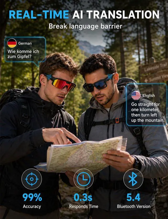 Alt view image 7 of 7 - AI Smart Glasses with 30MP Camera, 4K HD Video Sport Sunglasses | Bluetooth ChatGPT Voice Real-Time Translation, IP66 UV400 Sunglasses for Baseball, Cycling & Hiking Orange