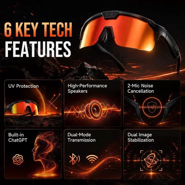 Alt view image 3 of 7 - AI Smart Glasses with 35MP Camera,1200P EIS Video Recorder for Cycling | ChatGPT Voice, Real-Time Translation, Polarized UV400, Open Ear Audio, Sport Sunglasses for Hiking, Running (Orange)