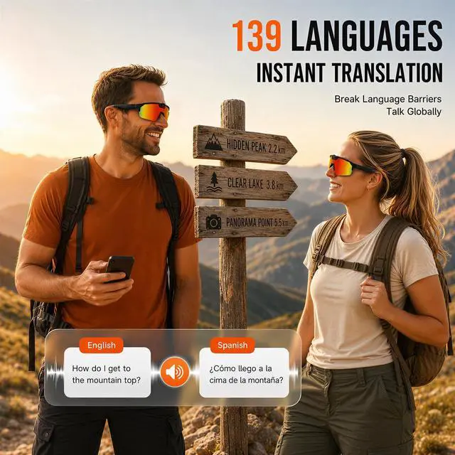 Alt view image 5 of 7 - AI Smart Glasses with 35MP Camera,1200P EIS Video Recorder for Cycling | ChatGPT Voice, Real-Time Translation, Polarized UV400, Open Ear Audio, Sport Sunglasses for Hiking, Running (Orange)