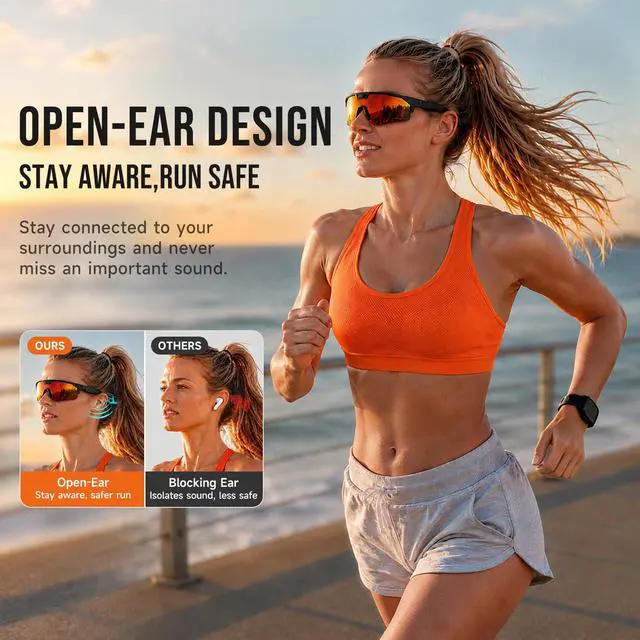Alt view image 6 of 7 - AI Smart Glasses with 35MP Camera,1200P EIS Video Recorder for Cycling | ChatGPT Voice, Real-Time Translation, Polarized UV400, Open Ear Audio, Sport Sunglasses for Hiking, Running (Orange)