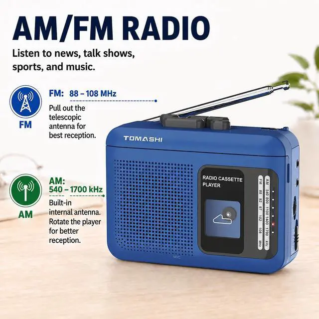 Alt view image 3 of 7 - Portable Cassette Tape Player and Recorder with AM/FM Radio | Built-in speaker and microphone, 3.5mm headphone and external mic jacks, 5V USB power or 2 AA batteries, not rechargeable