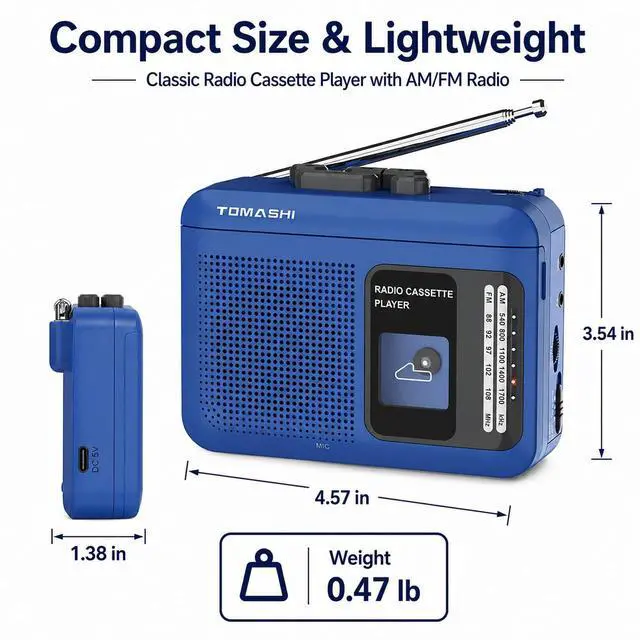 Alt view image 4 of 7 - Portable Cassette Tape Player and Recorder with AM/FM Radio | Built-in speaker and microphone, 3.5mm headphone and external mic jacks, 5V USB power or 2 AA batteries, not rechargeable