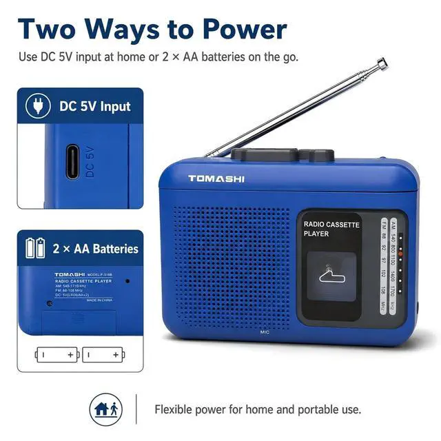 Alt view image 5 of 7 - Portable Cassette Tape Player and Recorder with AM/FM Radio | Built-in speaker and microphone, 3.5mm headphone and external mic jacks, 5V USB power or 2 AA batteries, not rechargeable