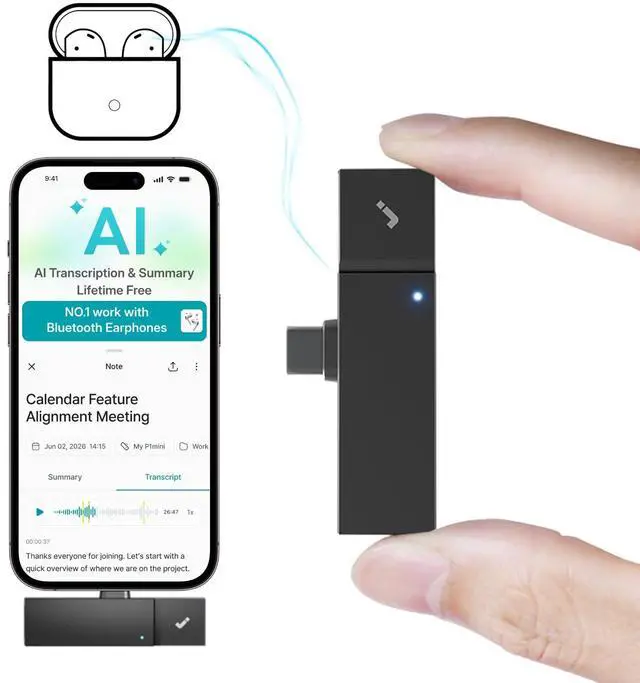 Main image of P1 mini AI Voice Recorder: Smart Voice Recorder Work with Wireless Earbuds for Meeting Lectures Calls BlueCatch Tech Digital Audio Recorder Transcription Summary HiNotes APP Control 32GB