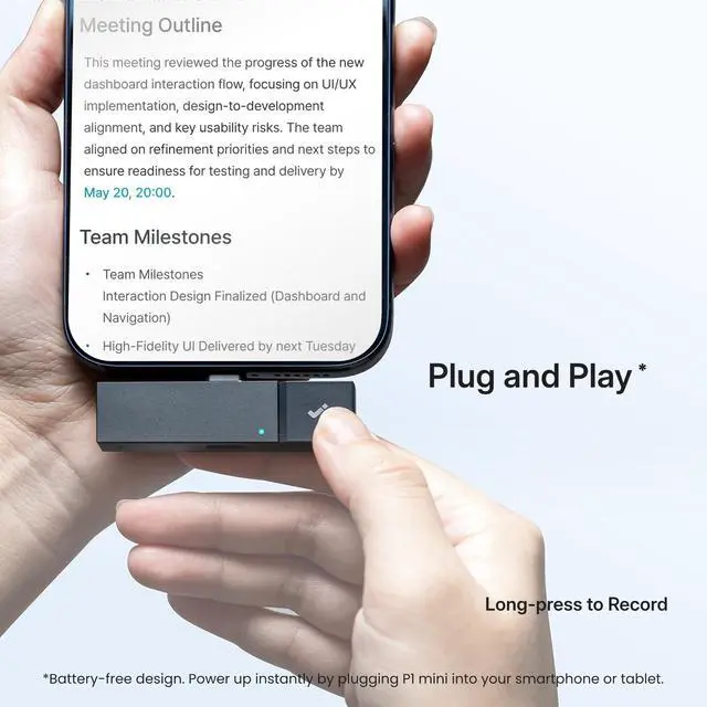 Alt view image 2 of 7 - P1 mini AI Voice Recorder: Smart Voice Recorder Work with Wireless Earbuds for Meeting Lectures Calls BlueCatch Tech Digital Audio Recorder Transcription Summary HiNotes APP Control 32GB