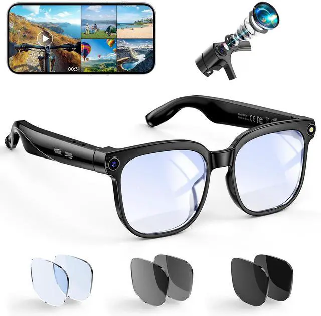 Main image of Smart Glasses with Camera, 8MP HD Photo and Video Recording,AI Camera Glasses with Real-Time Translation/Object Recognition/AI Voice Q&A/Recording, Calls and Music,Comes with 3 Pairs of Lenses