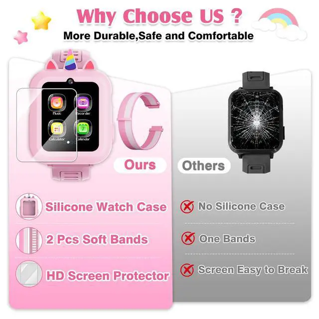 Alt view image 3 of 7 - Smart Watch for Kids with 39 Games,Camera,Video,Music Player,Recorder,Alarm,Pedometer,Flashlight,Stopwatch,HD Touch Screen,Birthday Gift Toy for Girls Ages 3-12(Pink)