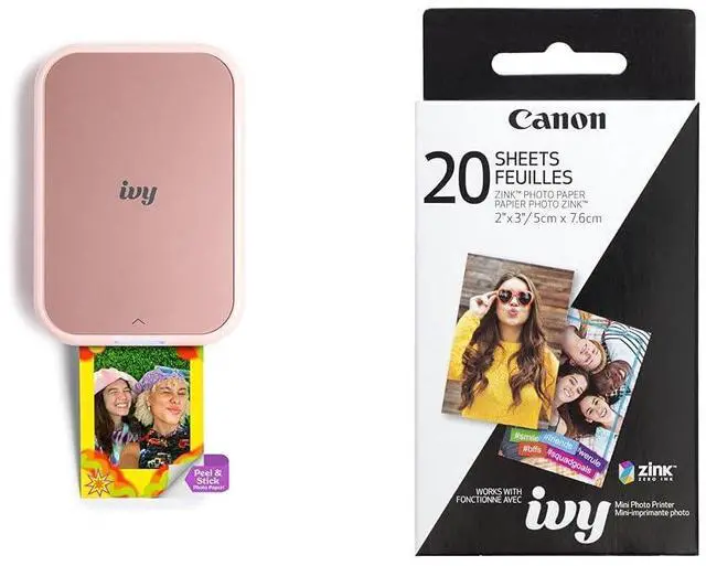 Main image of IVY 2 Mini Photo Printer, Print from Compatible iOS & Android Devices, Sticky-Back Prints, Blush Pink + ZINK Photo Paper 20 Sheets Pack