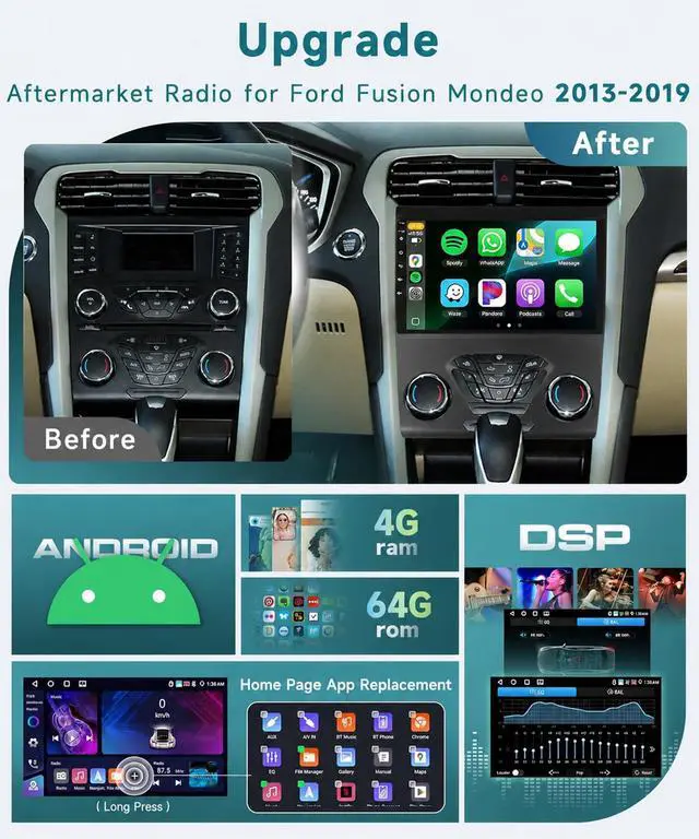 Alt view image 2 of 7 - 4Core 4+64G Android Car Stereo for Ford Fusion Mondeo 2013-2019 with 5G WIFI DSP/Wireless Carplay/Android Auto, 9 inch 1280*720 Touchscreen Radio Bluetooth 5.0 FM/RDS Mirrorlink Backup Camera