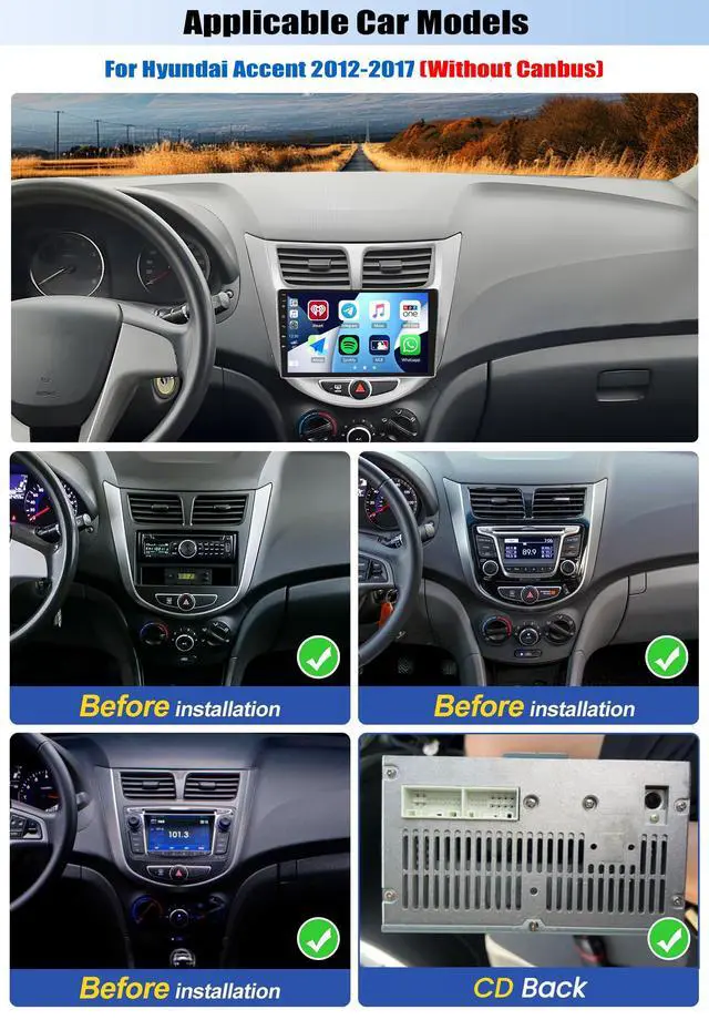 Alt view image 2 of 7 - 2G+64G Android 13 Car Stereo for Hyundai Accent 2012-2017 with Wireless Carplay Android Auto 9" Touchscreen Car Radio with GPS Navigation WiFi Bluetooth FM/RDS Radio HD Backup Camera Head Unit