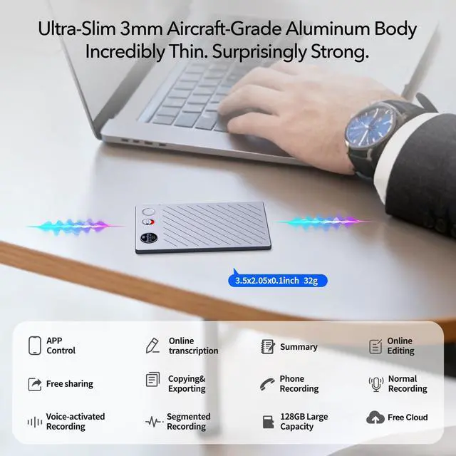 Alt view image 2 of 7 - Ultra-Thin AI Voice Recorder with APP Control Support Unlimited Transcribe & Summarize, AI Note Taker with DSP Noise Cancellation,AI Recording Device for Meetings, Interviews, Lectures, Calls, Grey