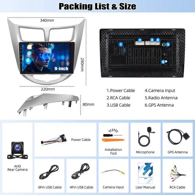 Alt view image 7 of 7 - 2G+64G Android 13 Car Stereo for Hyundai Accent 2012-2017 with Wireless Carplay Android Auto 9" Touchscreen Car Radio with GPS Navigation WiFi Bluetooth FM/RDS Radio HD Backup Camera Head Unit