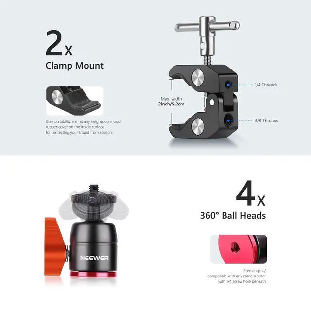 Alt view image 6 of 7 - Camera Slider Support Arm Stabilizer, 2-Pack Adjustable Tripod Stability Arm for Increasing Stability in Aluminum Alloy, Extendable Poles for Camera Video Slider Rail with C Clamps and BallHead
