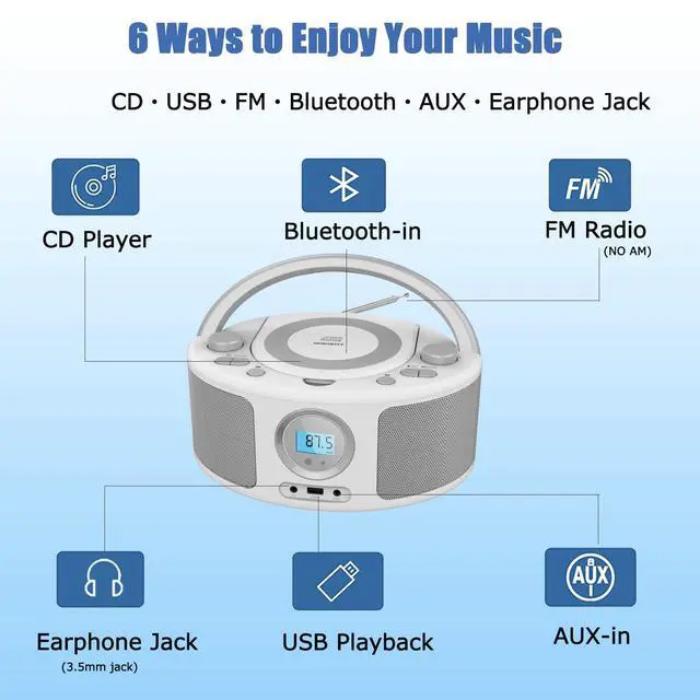 Alt view image 2 of 7 - Portable CD Player Boombox with Bluetooth, FM Radio, Remote Control, USB Port and AUX Headphone Jack, MP3 CDs Compatible, Clear Stereo Sound, AC/Battery Powered