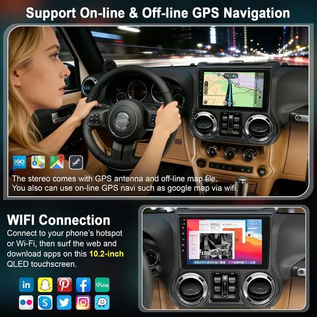 Alt view image 4 of 7 - Android 15 4GB+64GB Car Radio Stereo for Jeep Wrangler JK 2011 2012 2013 2014,10.2 inch QLED Touchscreen - Wireless Carplay & Android Auto,GPS Navigation & Bluetooth,Back-up Camera,FM Radio