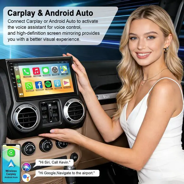 Alt view image 3 of 7 - Android 15 4GB+64GB Car Radio Stereo for Jeep Wrangler JK 2011 2012 2013 2014,10.2 inch QLED Touchscreen - Wireless Carplay & Android Auto,GPS Navigation & Bluetooth,Back-up Camera,FM Radio