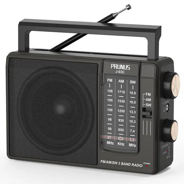 Main image of J03C AM FM Radio Portable USB C or AA Battery Operated, Home/Outdoor | Large Speaker Excellent Sound, Excellent Reception, Large Tuning Knobs, Foldable Handle, Gifts for Seniors