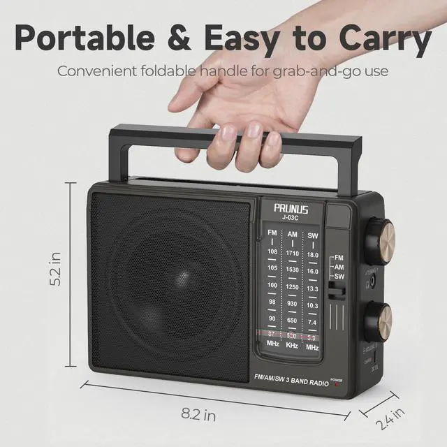 Alt view image 3 of 7 - J03C AM FM Radio Portable USB C or AA Battery Operated, Home/Outdoor | Large Speaker Excellent Sound, Excellent Reception, Large Tuning Knobs, Foldable Handle, Gifts for Seniors