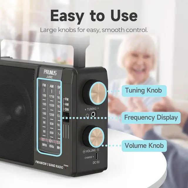 Alt view image 4 of 7 - J03C AM FM Radio Portable USB C or AA Battery Operated, Home/Outdoor | Large Speaker Excellent Sound, Excellent Reception, Large Tuning Knobs, Foldable Handle, Gifts for Seniors