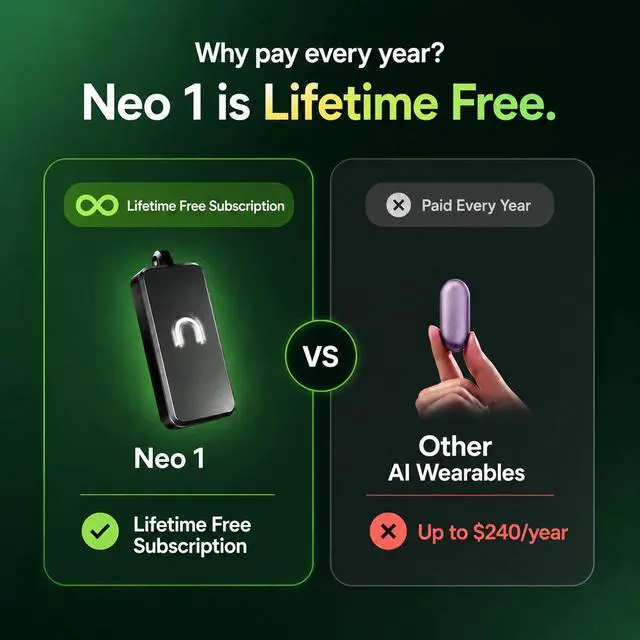 Alt view image 2 of 7 - Neo 1 AI Wearable Assistant Capture Meetings, Conversations & Ideas with AI Summaries, Action Items, Notes & Reminders, No Monthly Cost, Free Subscription - Black