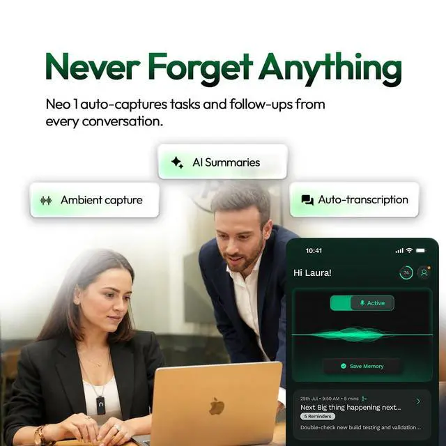 Alt view image 3 of 7 - Neo 1 AI Wearable Assistant Capture Meetings, Conversations & Ideas with AI Summaries, Action Items, Notes & Reminders, No Monthly Cost, Free Subscription - Black