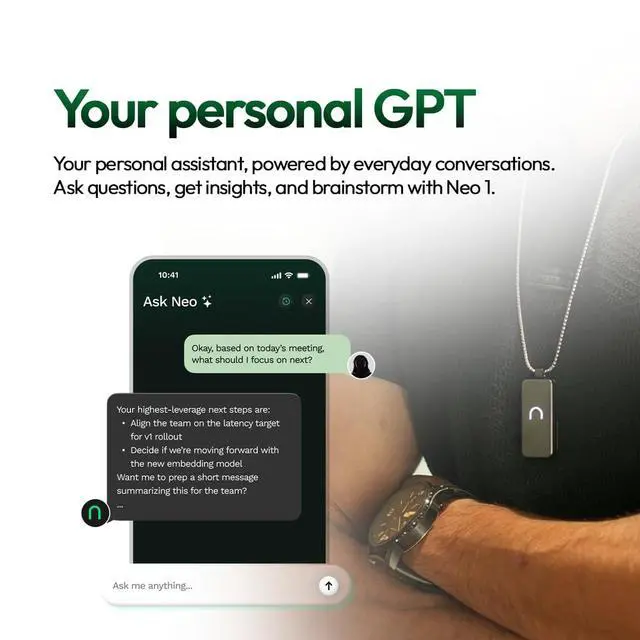 Alt view image 6 of 7 - Neo 1 AI Wearable Assistant Capture Meetings, Conversations & Ideas with AI Summaries, Action Items, Notes & Reminders, No Monthly Cost, Free Subscription - Black