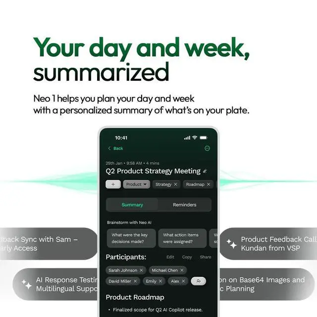 Alt view image 7 of 7 - Neo 1 AI Wearable Assistant Capture Meetings, Conversations & Ideas with AI Summaries, Action Items, Notes & Reminders, No Monthly Cost, Free Subscription - Black