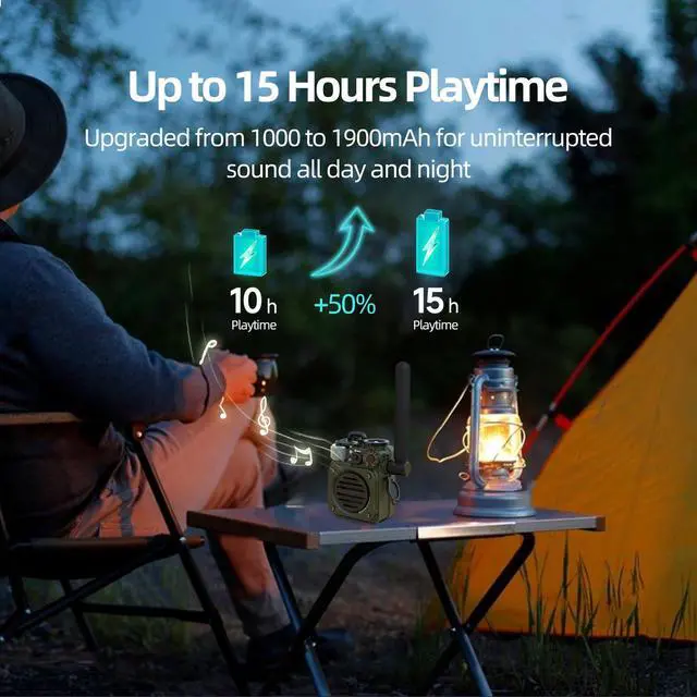 Alt view image 5 of 7 - Upgraded Wild Mini 3.0 Outdoor Portable Wireless Bluetooth Speaker with FM Radio, Phone Charger/15H Playtime/IPX5 Waterproof/3 Mode Flashlight, Rugged Gear for Man Camping/Hiking/Travel(Green)
