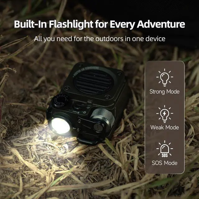 Alt view image 7 of 7 - Upgraded Wild Mini 3.0 Outdoor Portable Wireless Bluetooth Speaker with FM Radio, Phone Charger/15H Playtime/IPX5 Waterproof/3 Mode Flashlight, Rugged Gear for Man Camping/Hiking/Travel(Green)