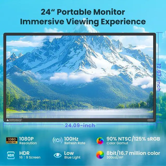 Alt view image 3 of 7 - 24-inch Large Portable Monitor for Laptop, 2026 Upgraded 1080P FHD 100Hz Portable Screen,125% sRGB IPS Portable Second Monitor with Adjustable Stand for Laptop, MacBook, Phones
