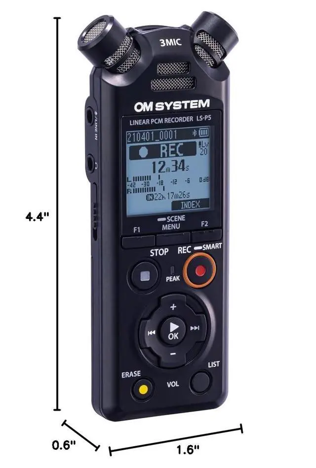 Alt view image 7 of 7 - Olympus LS-P5 PCM Recorder with tresmic 3-Microphone, Bluetooth, Composite USB Microphone Mode, High Resolution Sound, Low-Cut Filter, 16GB Built-in Memory
