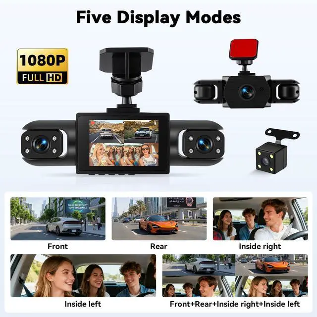 Alt view image 3 of 7 - 360° 4 Channel 1080P Dash Cam Front and Rear Inside Left Right, 2 IPS Dash for Cars, Built-in Loop Recording, 24/7 Recording Parking,Motion Detection,Night Vision,Reversing Help (No WiFi)
