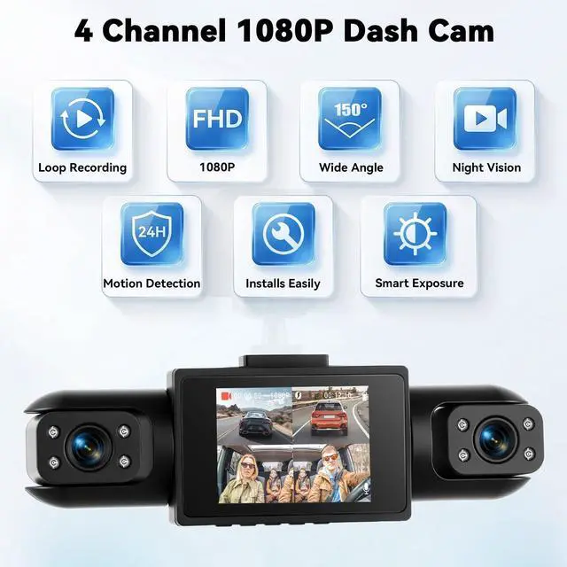 Alt view image 2 of 7 - 360° 4 Channel 1080P Dash Cam Front and Rear Inside Left Right, 2 IPS Dash for Cars, Built-in Loop Recording, 24/7 Recording Parking,Motion Detection,Night Vision,Reversing Help (No WiFi)