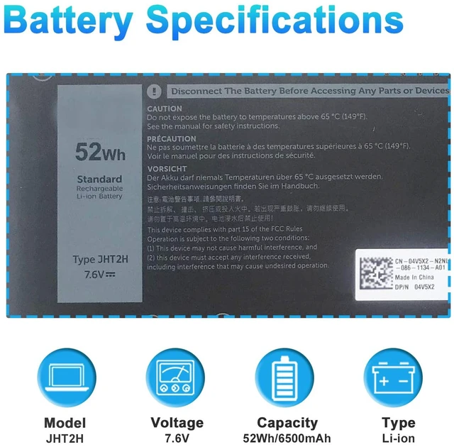 Alt view image 2 of 7 - 52Wh JHT2H Laptop Battery for Dell Latitude 7310 7410 Series for Dell Latitude 7410 Chromebook Enterprise Series P33S P33S001 P34S P34S001 HRGYV XMT81 7CXN6 T3JWC 4V5X2 WY9MP X825P YJ9RP