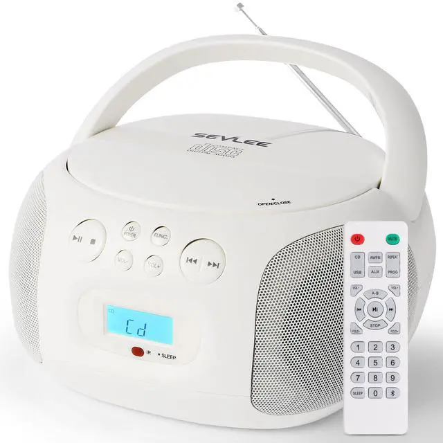 Main image of Portable CD Player Boombox AM FM Radio Bluetooth 5.4 Sleep Timer | Cream White retro CD boombox design with full function remote, resume playback, USB FLAC/MP3 and dual speakers for home use
