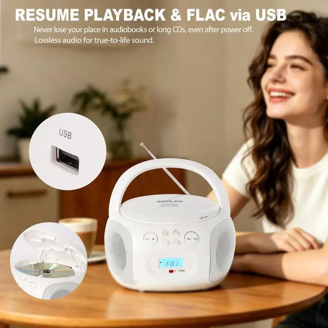Alt view image 4 of 7 - Portable CD Player Boombox AM FM Radio Bluetooth 5.4 Sleep Timer | Cream White retro CD boombox design with full function remote, resume playback, USB FLAC/MP3 and dual speakers for home use