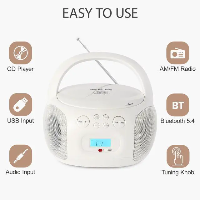 Alt view image 2 of 7 - Portable CD Player Boombox AM FM Radio Bluetooth 5.4 Sleep Timer | Cream White retro CD boombox design with full function remote, resume playback, USB FLAC/MP3 and dual speakers for home use