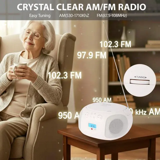 Alt view image 5 of 7 - Portable CD Player Boombox AM FM Radio Bluetooth 5.4 Sleep Timer | Cream White retro CD boombox design with full function remote, resume playback, USB FLAC/MP3 and dual speakers for home use