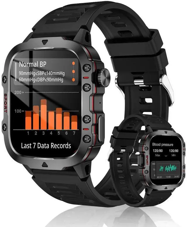 Main image of Blood Pressure Watch Men, IP68 Waterproof Blood Pressure Watch, 1.96" High-Resolution Touch Screen Smart Fitness Tracker with 100+ Sport Modes Compatible with Android iOS, Black