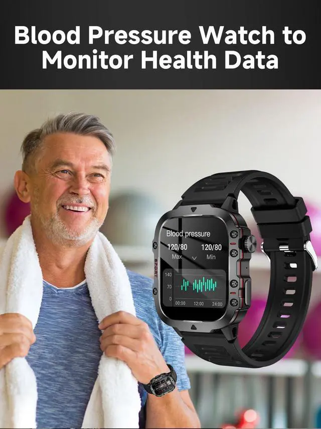 Alt view image 2 of 7 - Blood Pressure Watch Men, IP68 Waterproof Blood Pressure Watch, 1.96" High-Resolution Touch Screen Smart Fitness Tracker with 100+ Sport Modes Compatible with Android iOS, Black