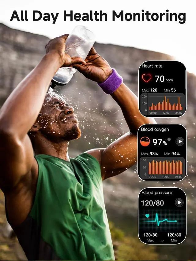 Alt view image 4 of 7 - Blood Pressure Watch Men, IP68 Waterproof Blood Pressure Watch, 1.96" High-Resolution Touch Screen Smart Fitness Tracker with 100+ Sport Modes Compatible with Android iOS, Black
