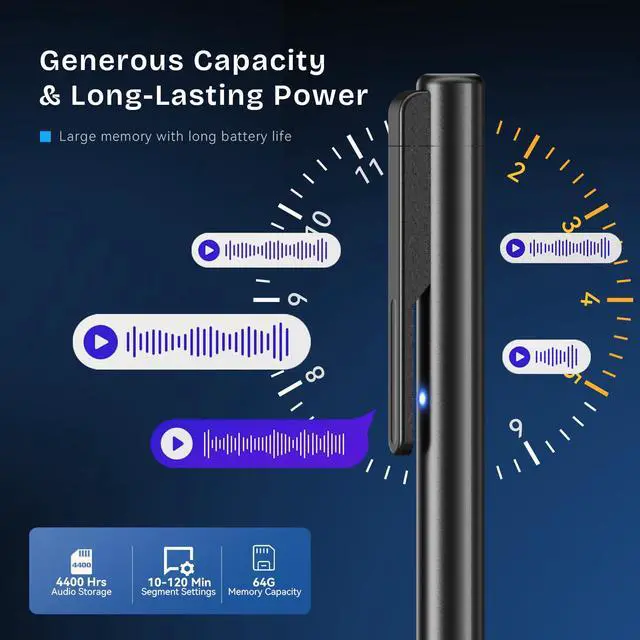 Alt view image 6 of 7 - Digital Voice Recorder,64GB Voice Activated Recorder with Playback,Noise Reduction & Long Battery Life,One-Touch Audio Recording Device with Type-C,Auto Save for Lectures,Meetings,Interviews & Classes