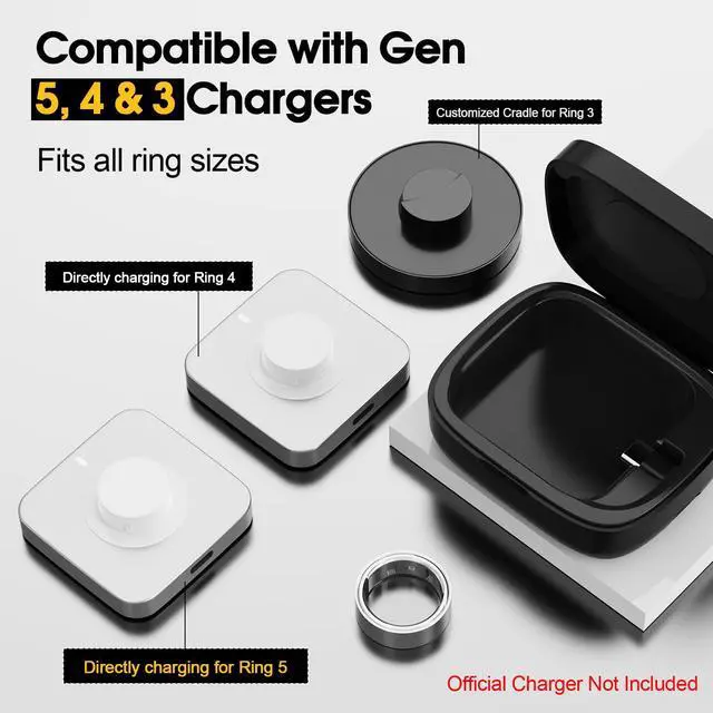 Alt view image 2 of 7 - Wireless Charging Case for Oura Ring Gen 5, 4 & 3 Charger, 1000mAh Portable Travel Power Station Fits All-Sized Oura Ring 5, 4 & 3, 30-Day Runtime (Official Charger NOT Included)(Black)