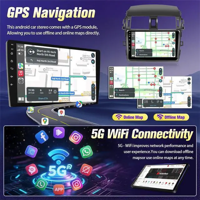 Alt view image 2 of 7 - Android Car Radio for Toyota Corolla 2009 2010 2011 2012 2013 | Wireless Carplay Android Auto, 9 inch Touchscreen Corolla Stereo GPS Navigation Head Unit Bluetooth WiFi FM SWC+Backup Camera
