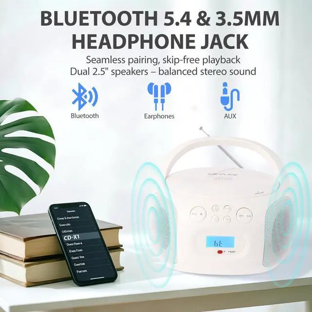 Alt view image 7 of 7 - Portable CD Player Boombox AM FM Radio Bluetooth 5.4 Sleep Timer | Cream White retro CD boombox design with full function remote, resume playback, USB FLAC/MP3 and dual speakers for home use